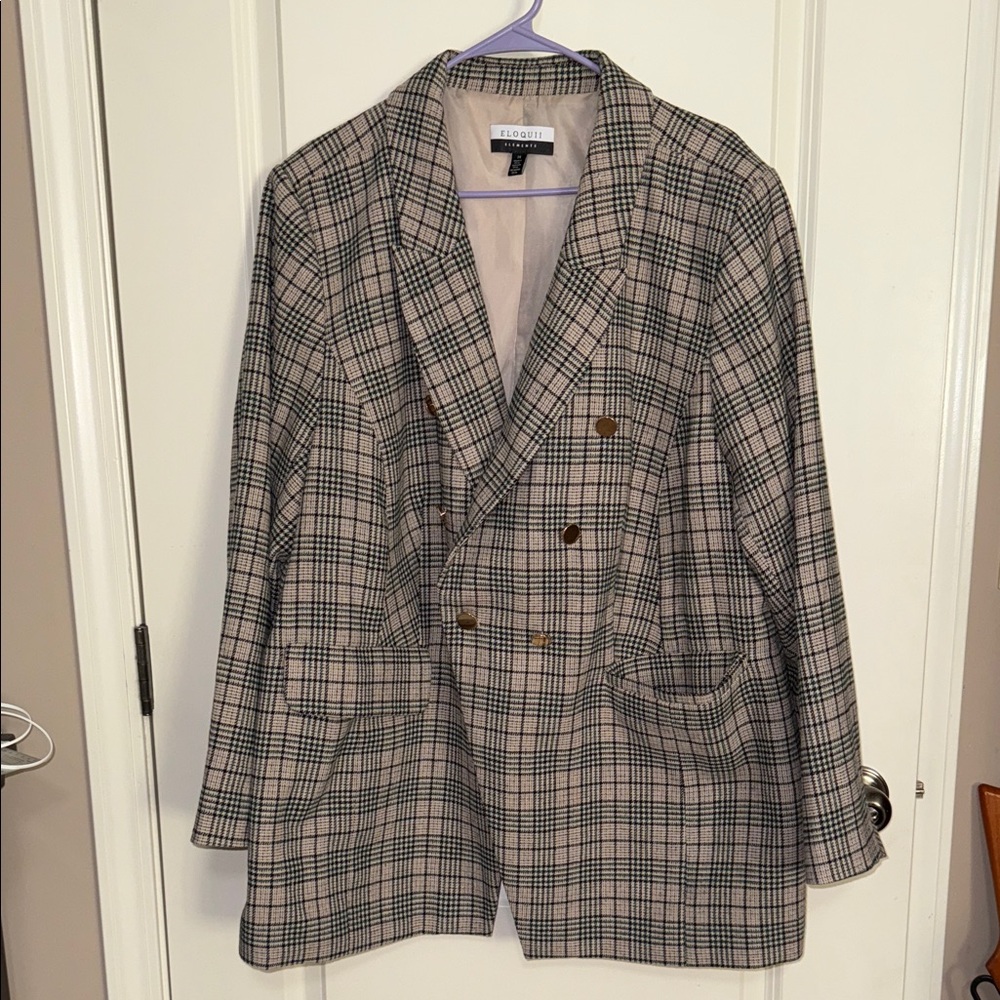 Eloquii Black, Green, and Cream/Tan plaid Houndstooth Blazer